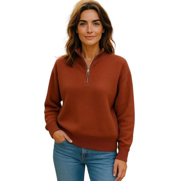 Anrabess Maroon Quarter-Zip Ribbed Knit Sweater – Size Large, Cozy Pullover - Picture 2 of 9